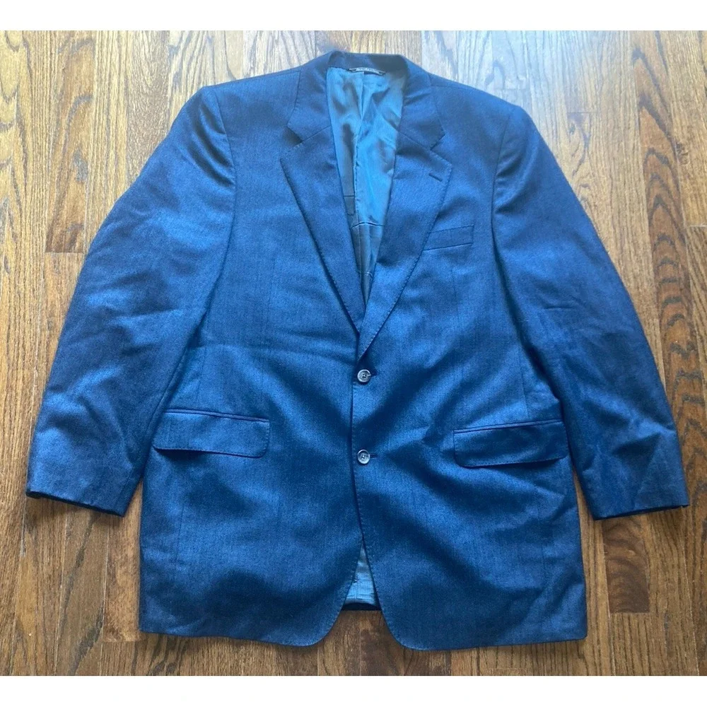 Jack Victor Blazer Mens Size 44L Navy Blue 100% Cashmere Herringbone Jacket
